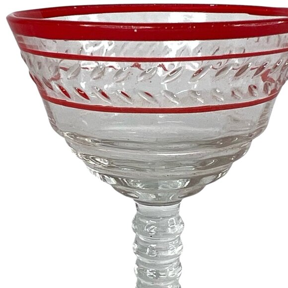 2 Vintage Etched Glass Goblets Red Rim Stripe Wine Cordial Bubble Stem Set pair - Picture 3 of 6